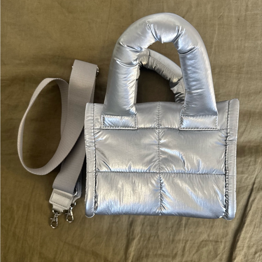 Silver handbag with shoulder strap